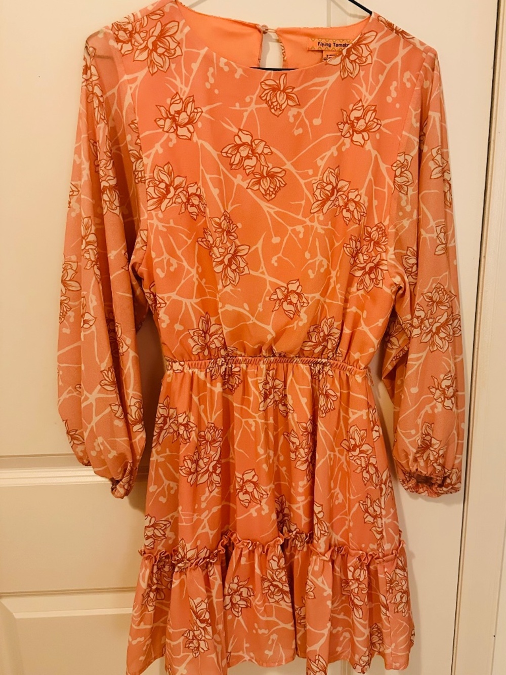 Flying Tomato Coral Floral Long Sleeve Tiered Mini Dress